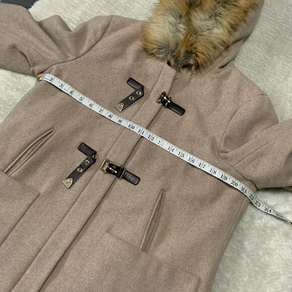 Calvin‎ Klein Beige Wool Blend Full Zip Womens Coat Size Large Jacket Fur Hood - Picture 3 of 8